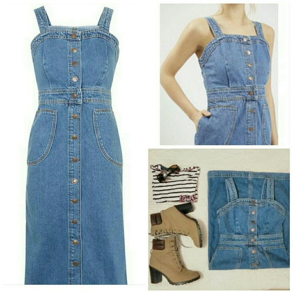 midi denim pinafore dress